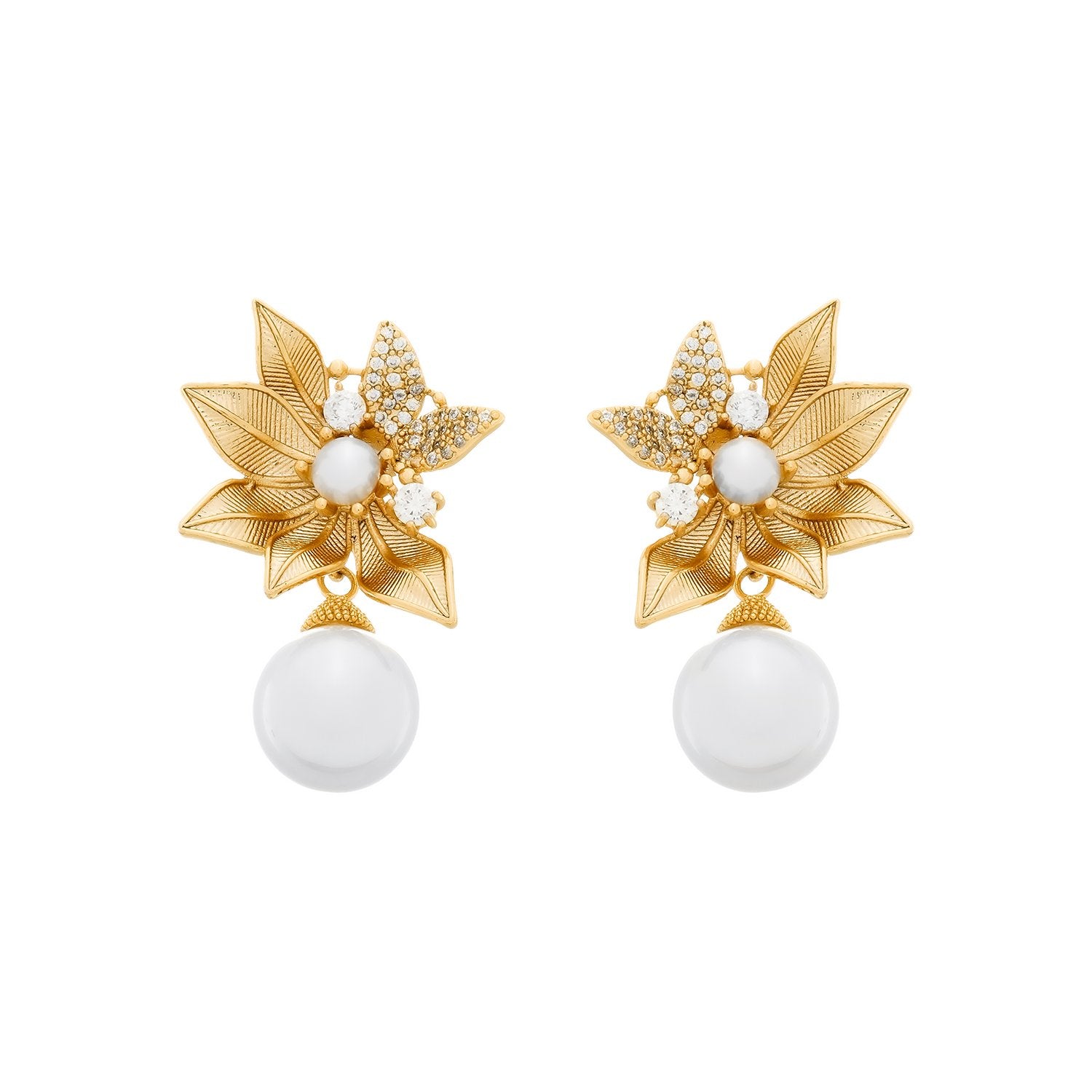 Brinco Dourado com Folhas em Zircônia e Pérolas Flore