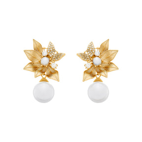 Brinco Dourado com Folhas em Zircônia e Pérolas Flore