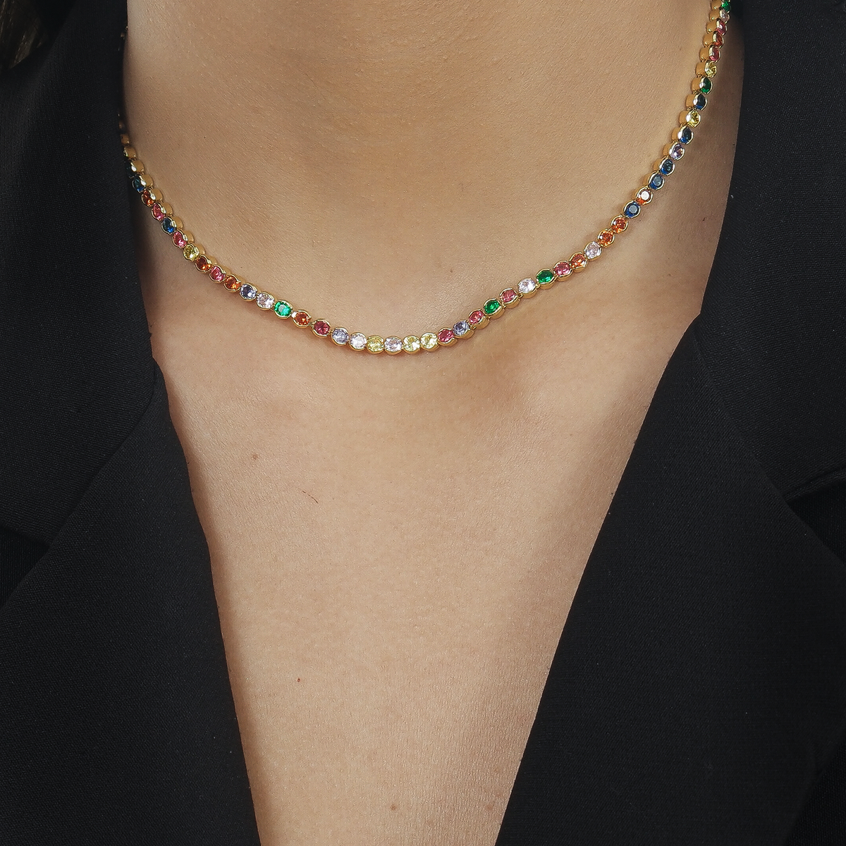 Colar Dourado Chocker Riviera Pedras Coloridas Flore