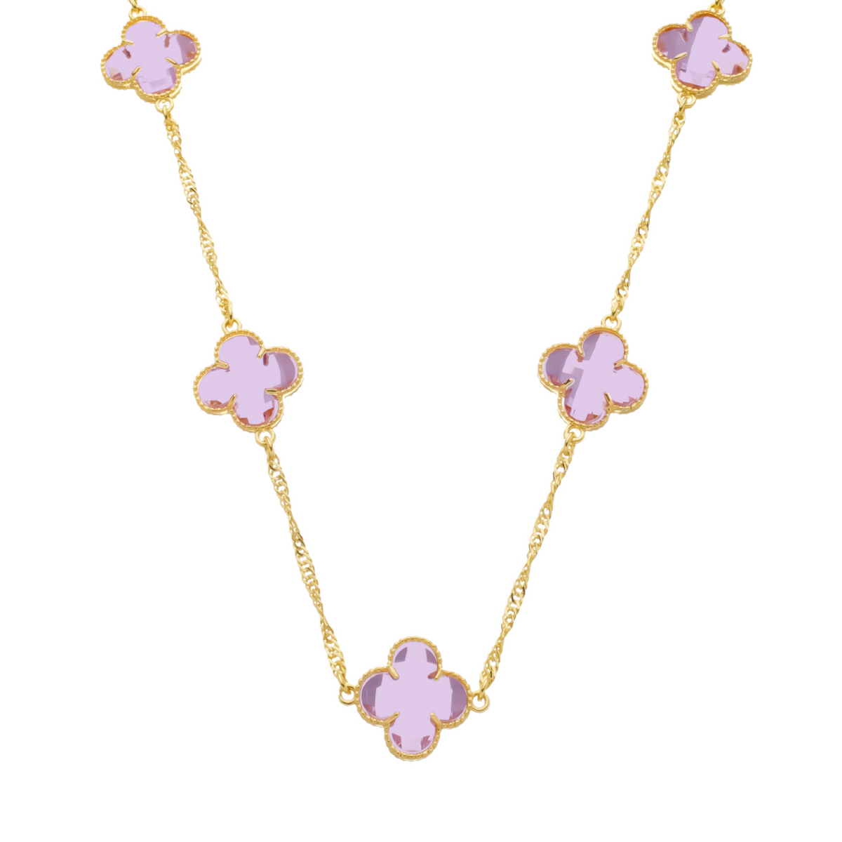Colar Dourado 5 Trevos Rosa Flore