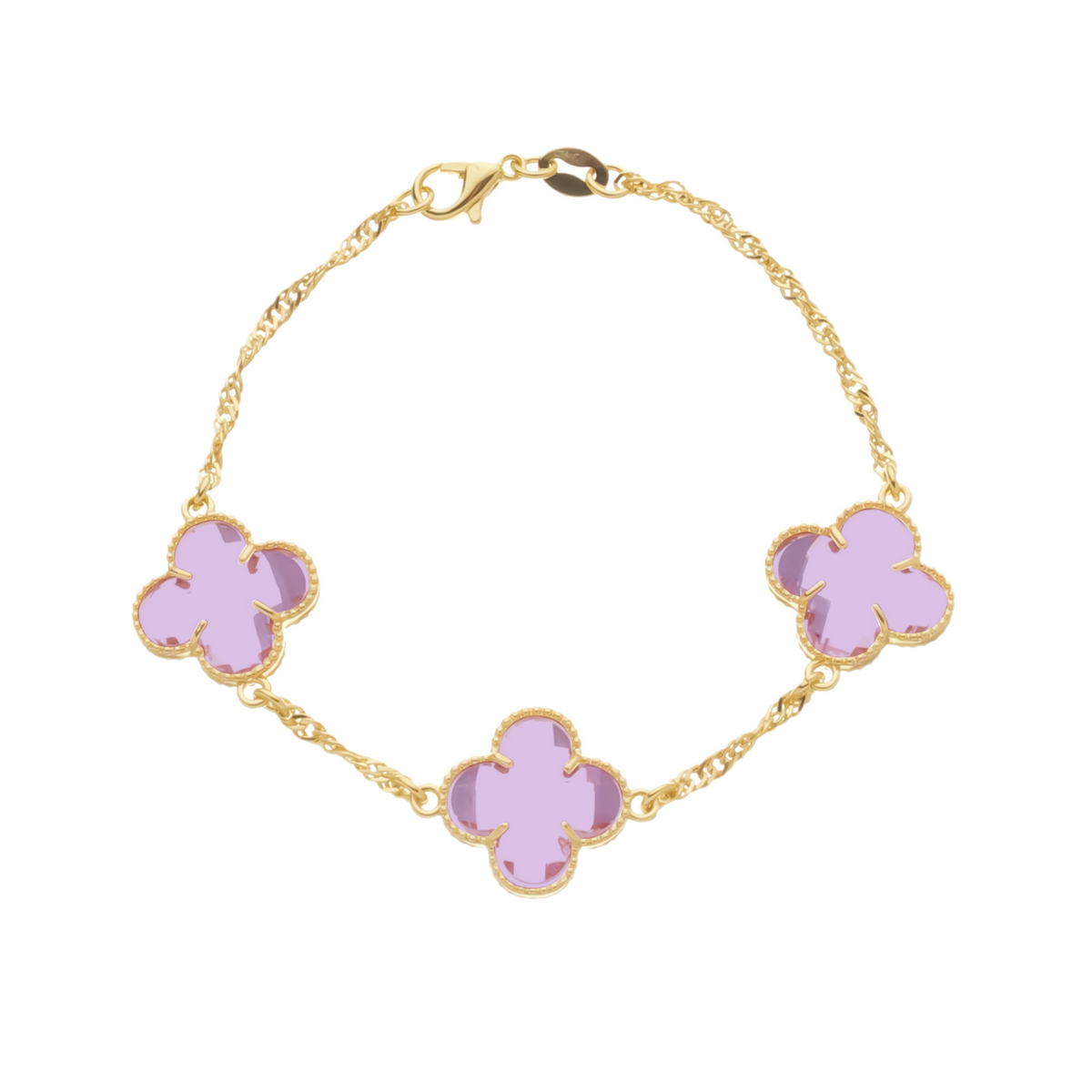 Pulseira Dourada Trevos Zircônia Rosa Flore