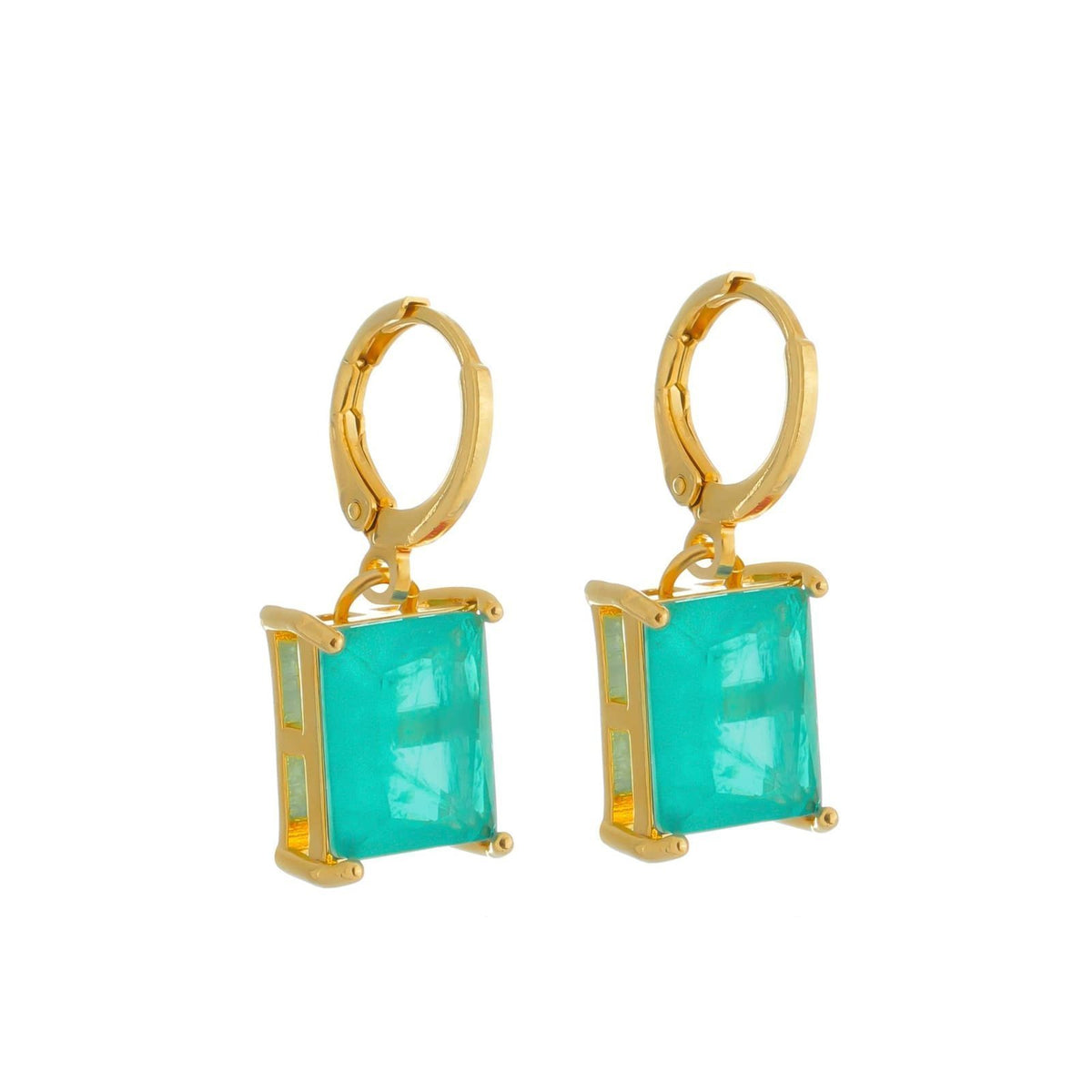 Brinco Dourado Argolinha Pedra Retangular Verde Flore