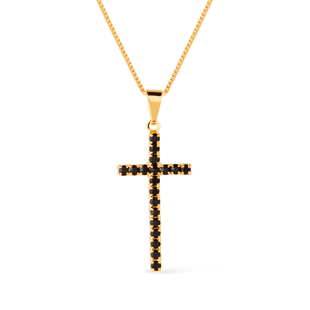 Colar Dourado de Cruz Cravejado de Pedra Natural Negra Flore