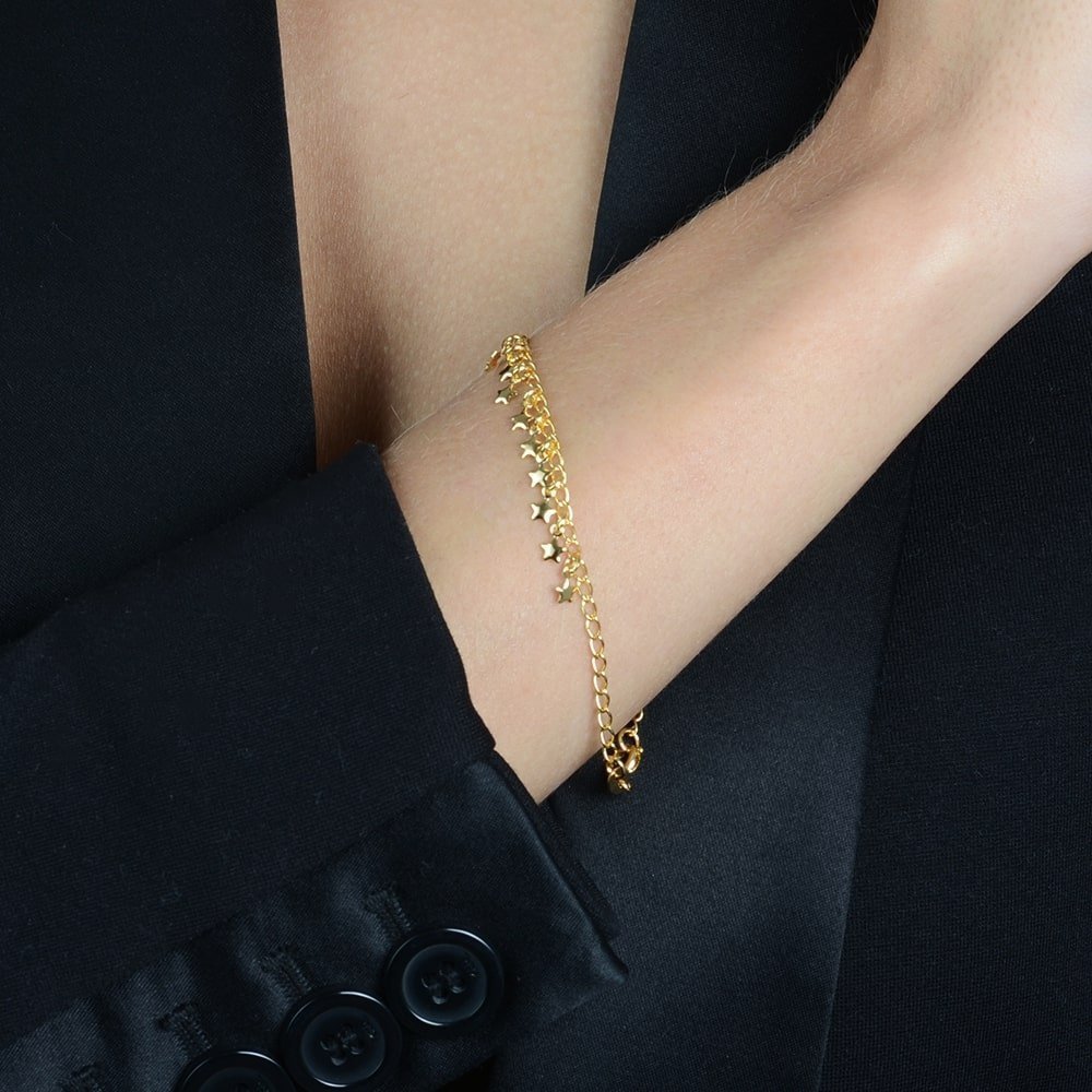 Pulseira Dourada Chuveirinho com Pingentes de Estrela Flore