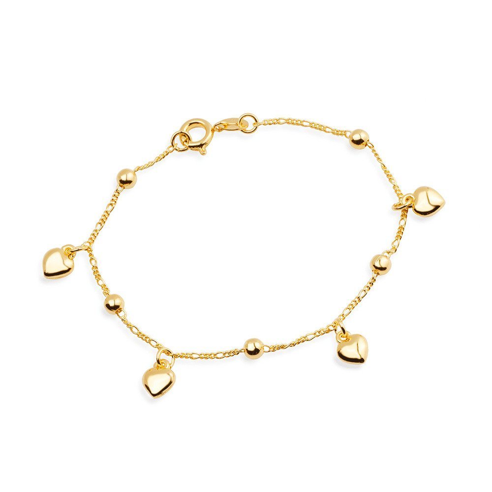 Pulseira Dourada com Pingentes de Coração e Esferas Flore