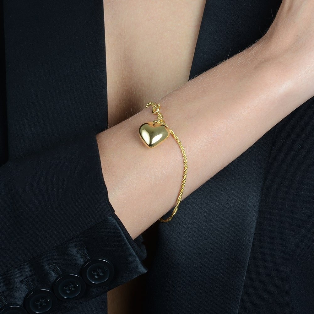 Pulseira Dourada de Cordão Baiano com Coração Flore