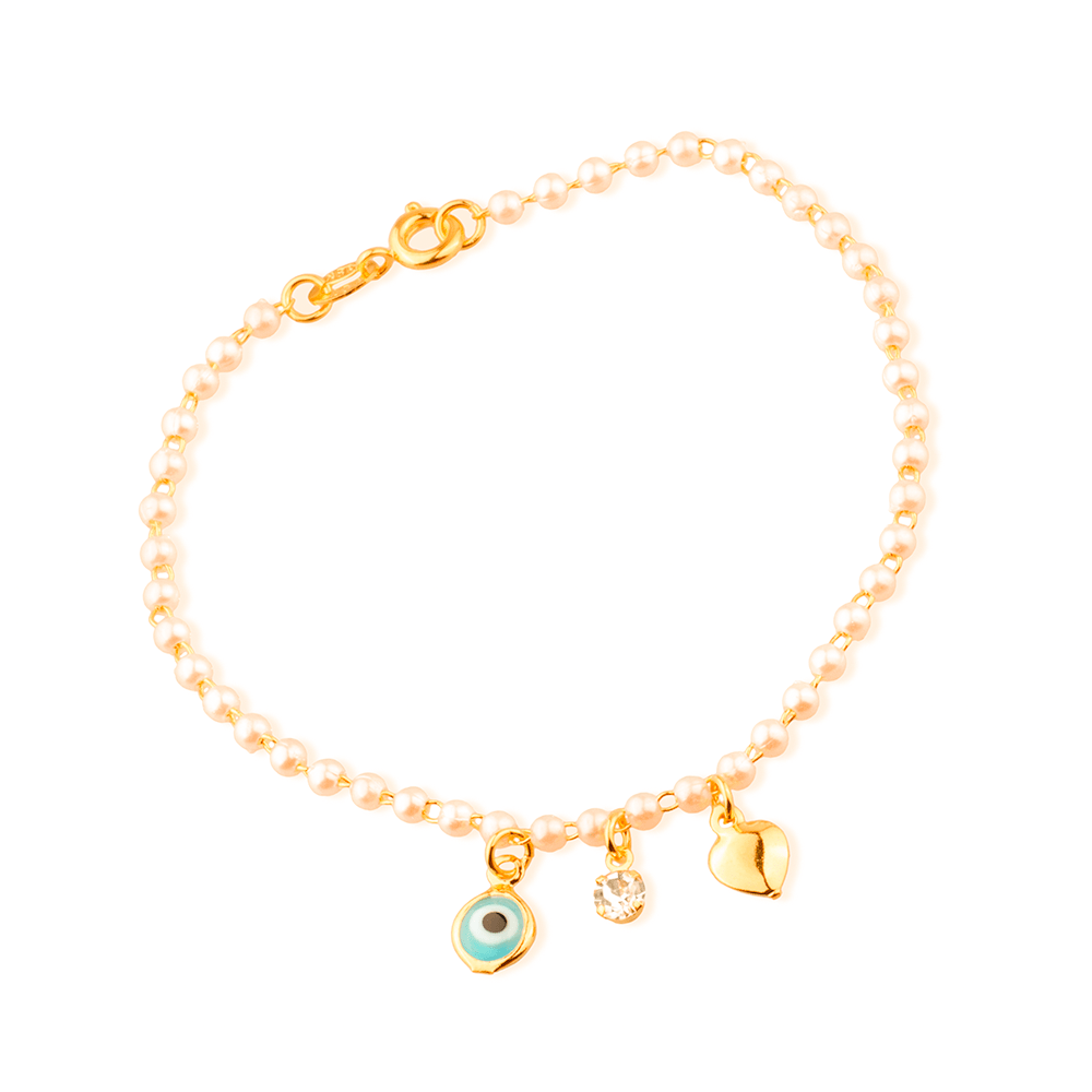 Pulseira Dourada de Pérolas com Olho Grego Coração e Ponto de Luz Flore