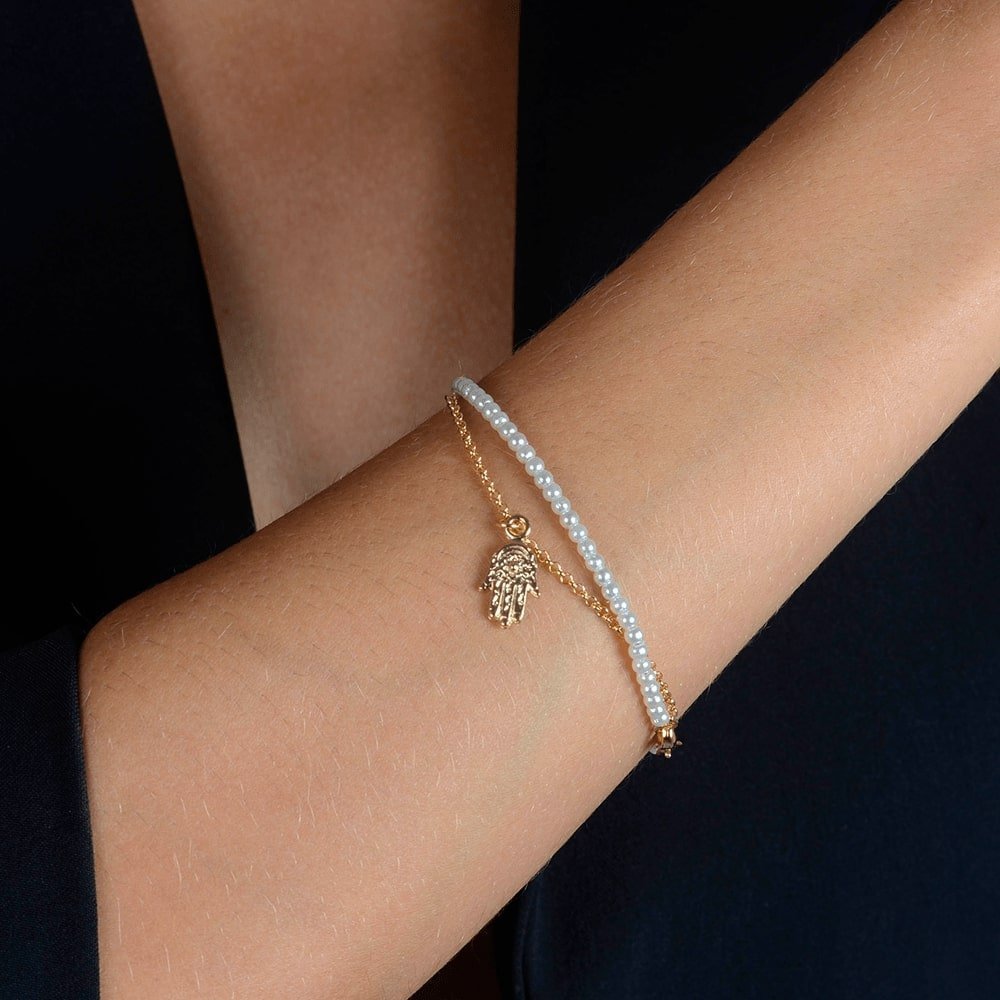 Pulseira Dourada Dupla de Elo Português e Pérolas com Pingente Flore