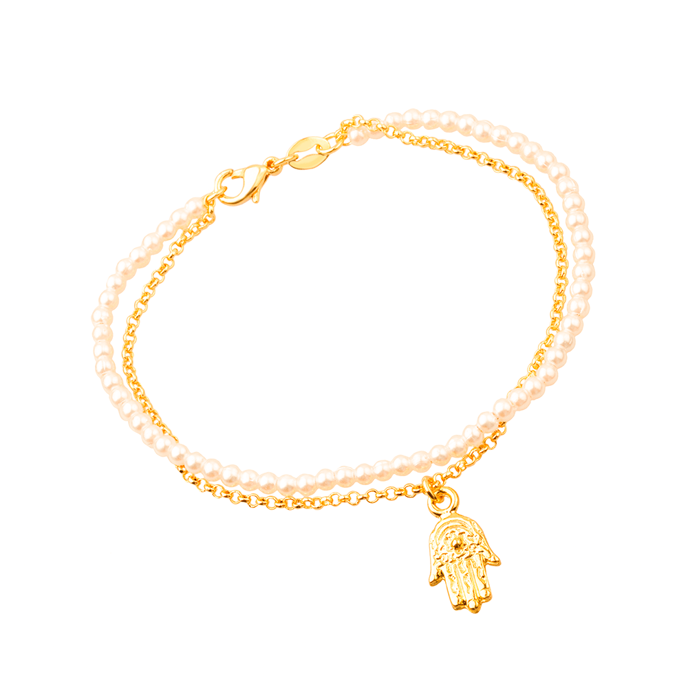 Pulseira Dourada Dupla de Elo Português e Pérolas com Pingente Flore