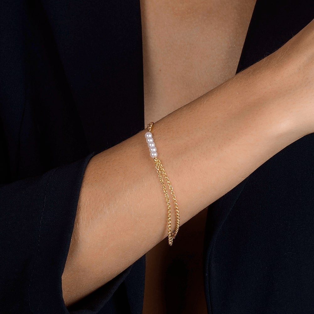 Pulseira Dourada Dupla Elo Português com Pérolas Flore