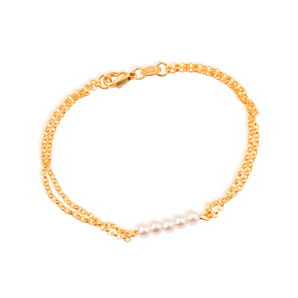 Pulseira Dourada Dupla Elo Português com Pérolas Flore