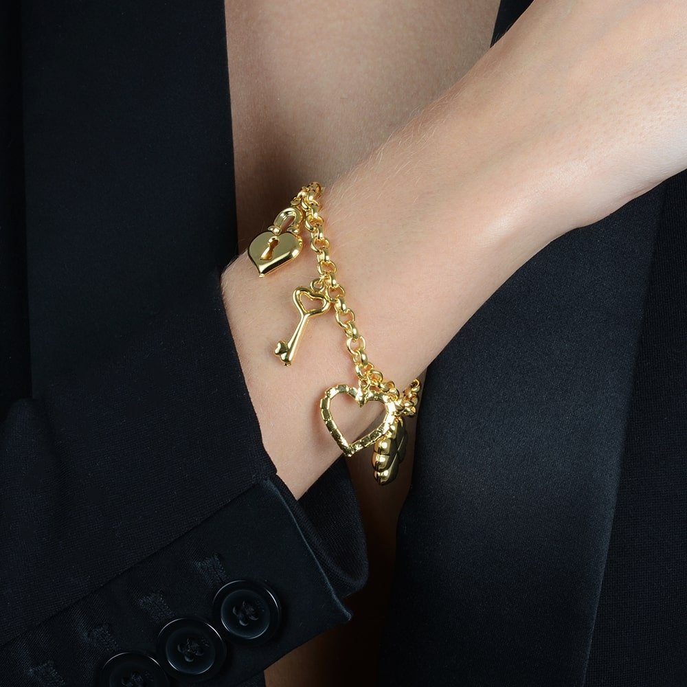 Pulseira Dourada Elo Português com Coração, Cadeado, Trevo e Chave Flore