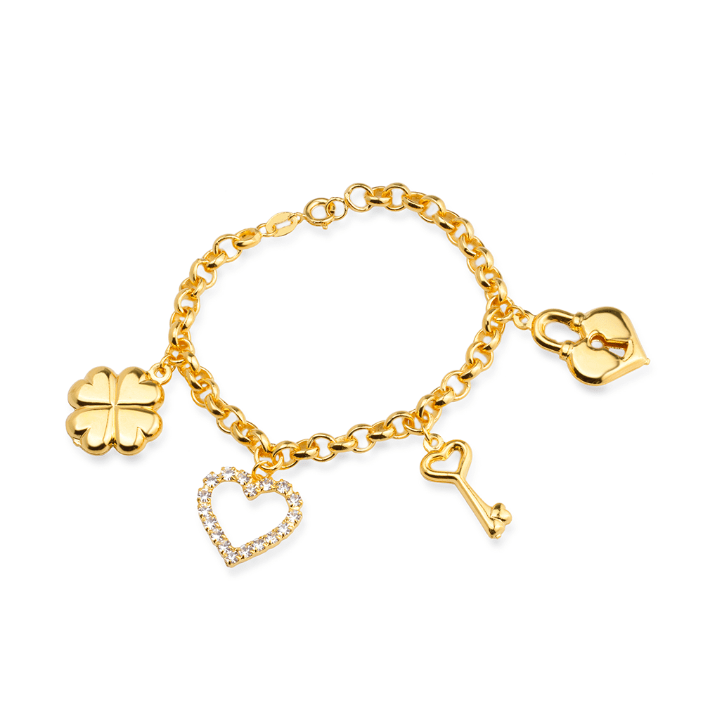 Pulseira Dourada Elo Português com Coração, Cadeado, Trevo e Chave Flore