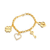 Pulseira Dourada Elo Português com Coração, Cadeado, Trevo e Chave Flore