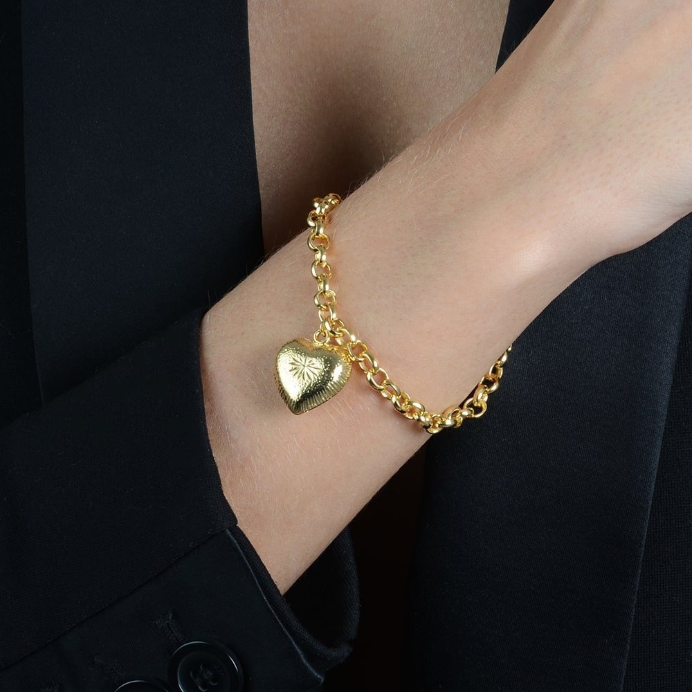 Pulseira Dourada Elo Português com Coração Flore