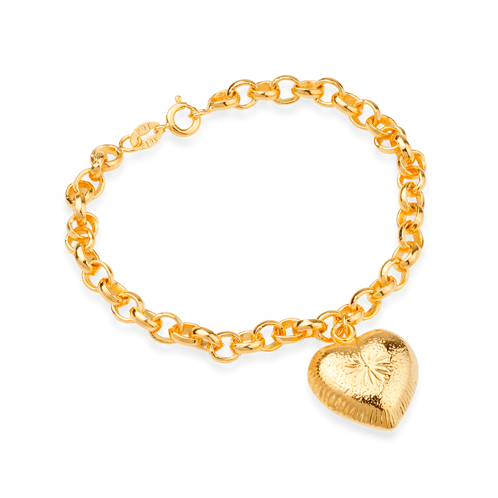 Pulseira Dourada Elo Português com Coração Flore