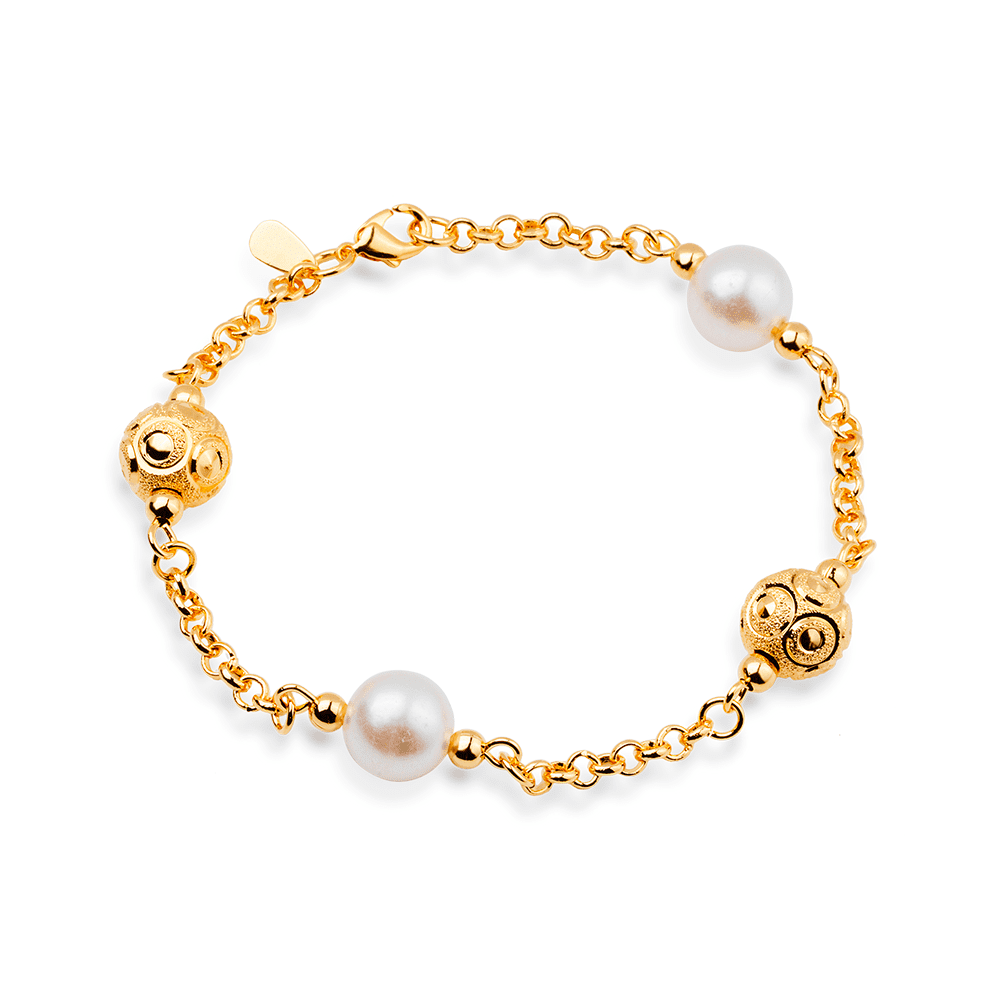 Pulseira Dourada Elo Português com Pérolas e Esferas Vazadas Flore