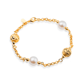 Pulseira Dourada Elo Português com Pérolas e Esferas Vazadas Flore