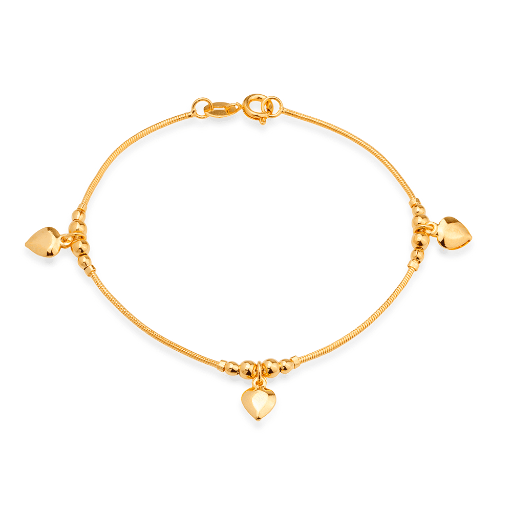 Pulseira Dourada Lisa com 3 Pingentes de Coração Flore