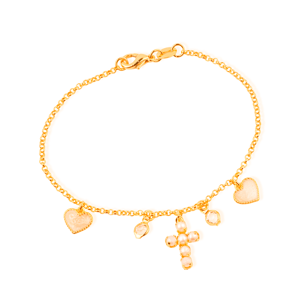 Pulseira Dourada Religiosa Cruz de Pérolas Coração Madrepérola Ponto de Luz Flore