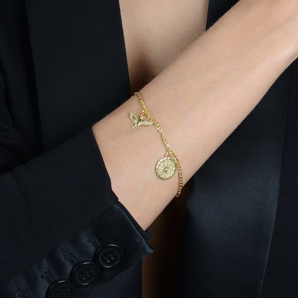 Pulseira Dourada Religiosa Pai Nosso e Espírito Santo Flore
