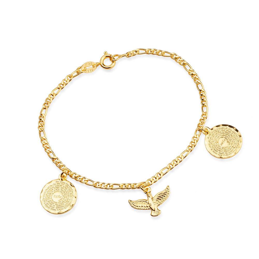 Pulseira Dourada Religiosa Pai Nosso e Espírito Santo Flore